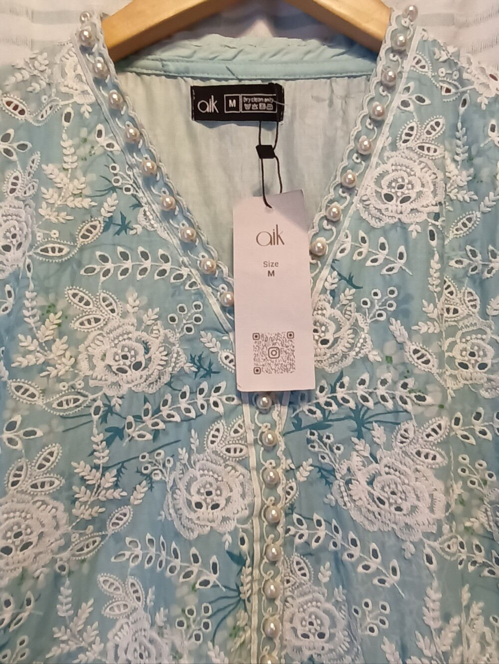 NWT Light Blue Embroidered Dress Pearls Lace Slit Boho Shabby Chic Festival